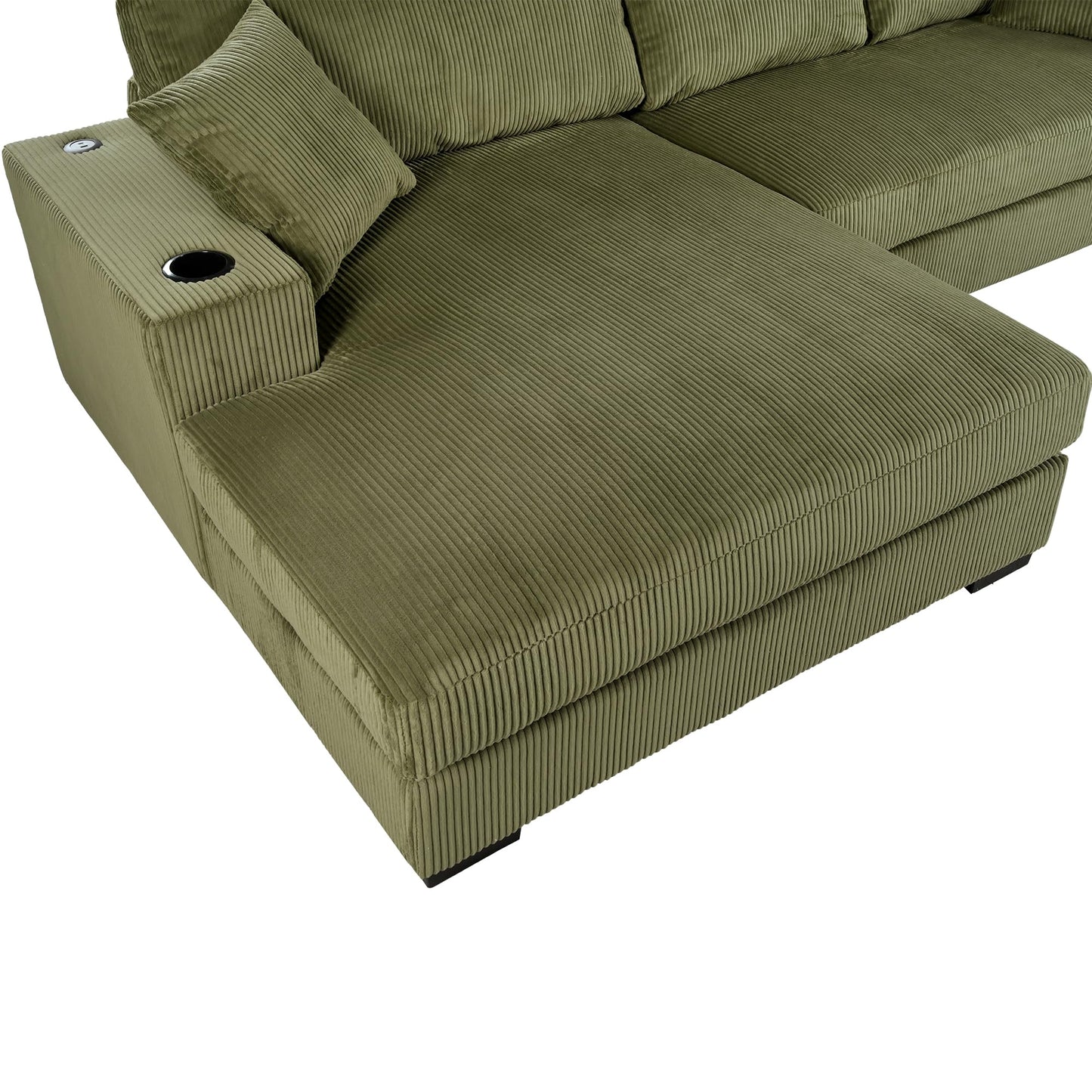 Merax Modern Oversized L-Shaped Sectional Sofa with USB Charging Port,Cup Holder, Comfy Corduroy 4-Seat Couch Set Sleeper Bed for Living Room,Green