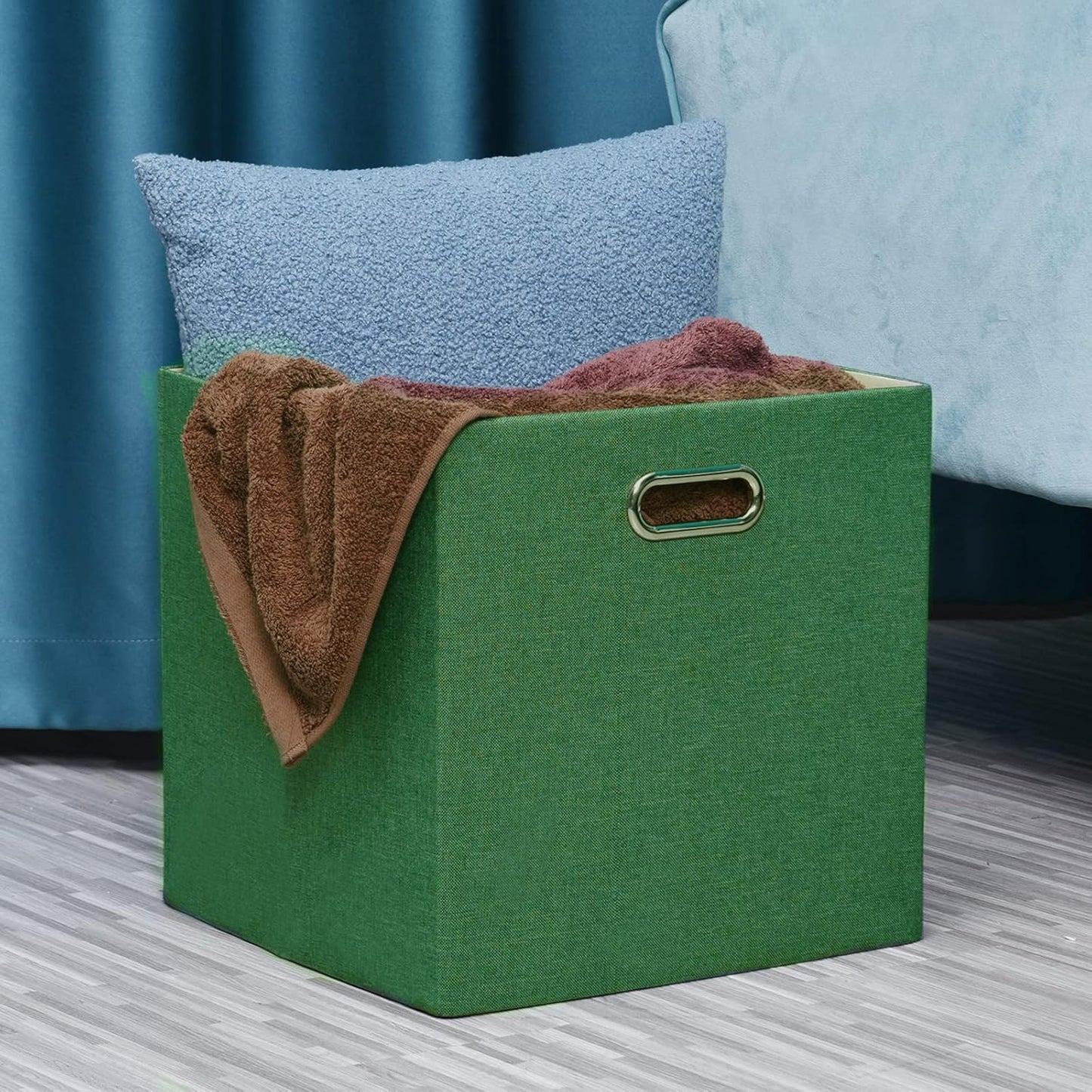 Grass Green Cube Storage Bins 11×11 Linen Foldable Box Set of 4, Large Capacity Collapsible Organization Basket for