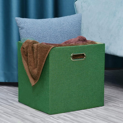 Grass Green Cube Storage Bins 11×11 Linen Foldable Box Set of 4, Large Capacity Collapsible Organization Basket for