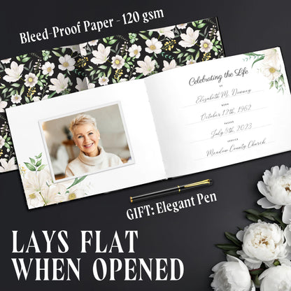 GUATE STORE Funeral Guest Book – Black Cover, 3-Piece Set with Guest Book, Table Sign, and Pen – Memory Book for Celebration of Life, Memorial Signing, Elegant Funeral Supplies, and Durable Design