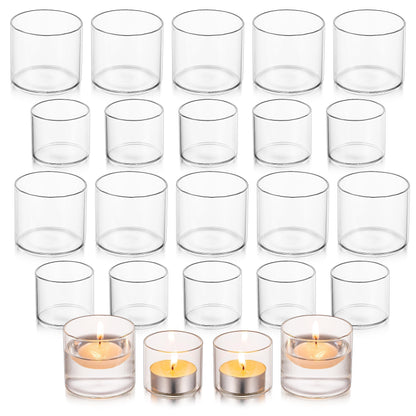 Glasseam Tea Light Candle Holders for Table Centerpiece, Small Clear Glass Votive Candle Holders Set of 24, Cute Mini Floating Tealight Holder for Wedding Centerpieces Birthday Party Decorations