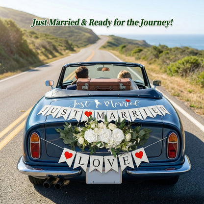 Just Married Car Wedding Decorations Kit with Artificial Flower Floral Swag / Just Married Love Sign Banner and Car Bouquet & Window Decals, Wedding Car Accessories for Bridal Shower Honeymoon Decor