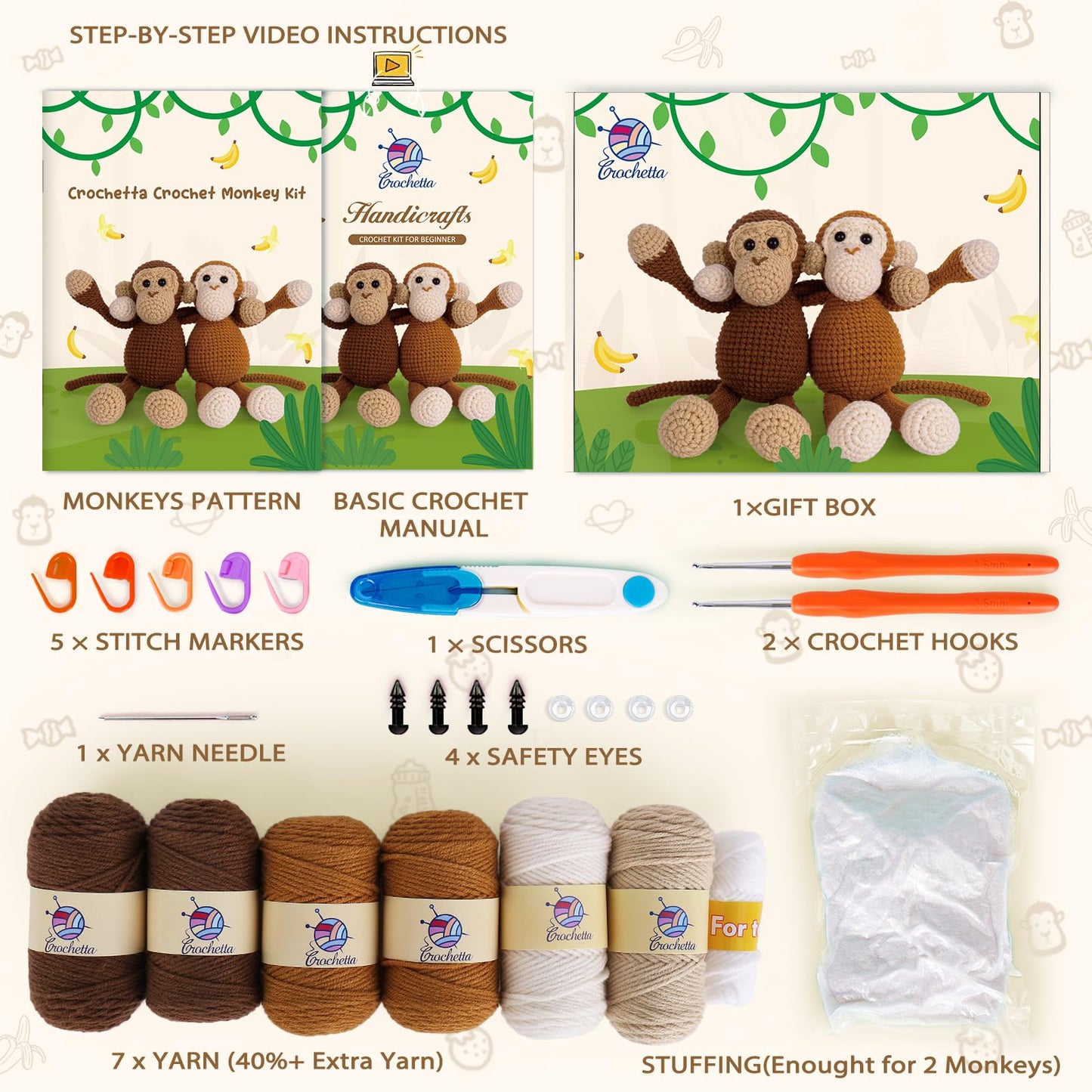 Crochetta Crochet Kit for Beginners, Crochet Kits with Step-by-Step Video Tutorials, Learn to Crochet Animal Kit for Adults Kids, DIY Craft Knitting Supplies, Monkey Amigurumi Gift(40%+ Yarn)