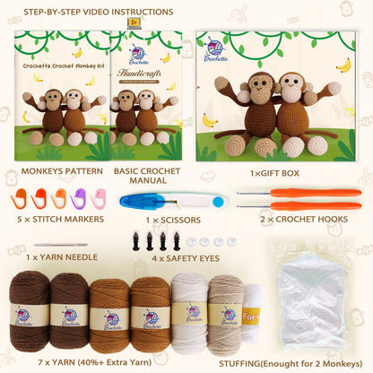 Crochetta Crochet Kit for Beginners, Crochet Kits with Step-by-Step Video Tutorials, Learn to Crochet Animal Kit for Adults Kids, DIY Craft Knitting Supplies, Monkey Amigurumi Gift(40%+ Yarn)
