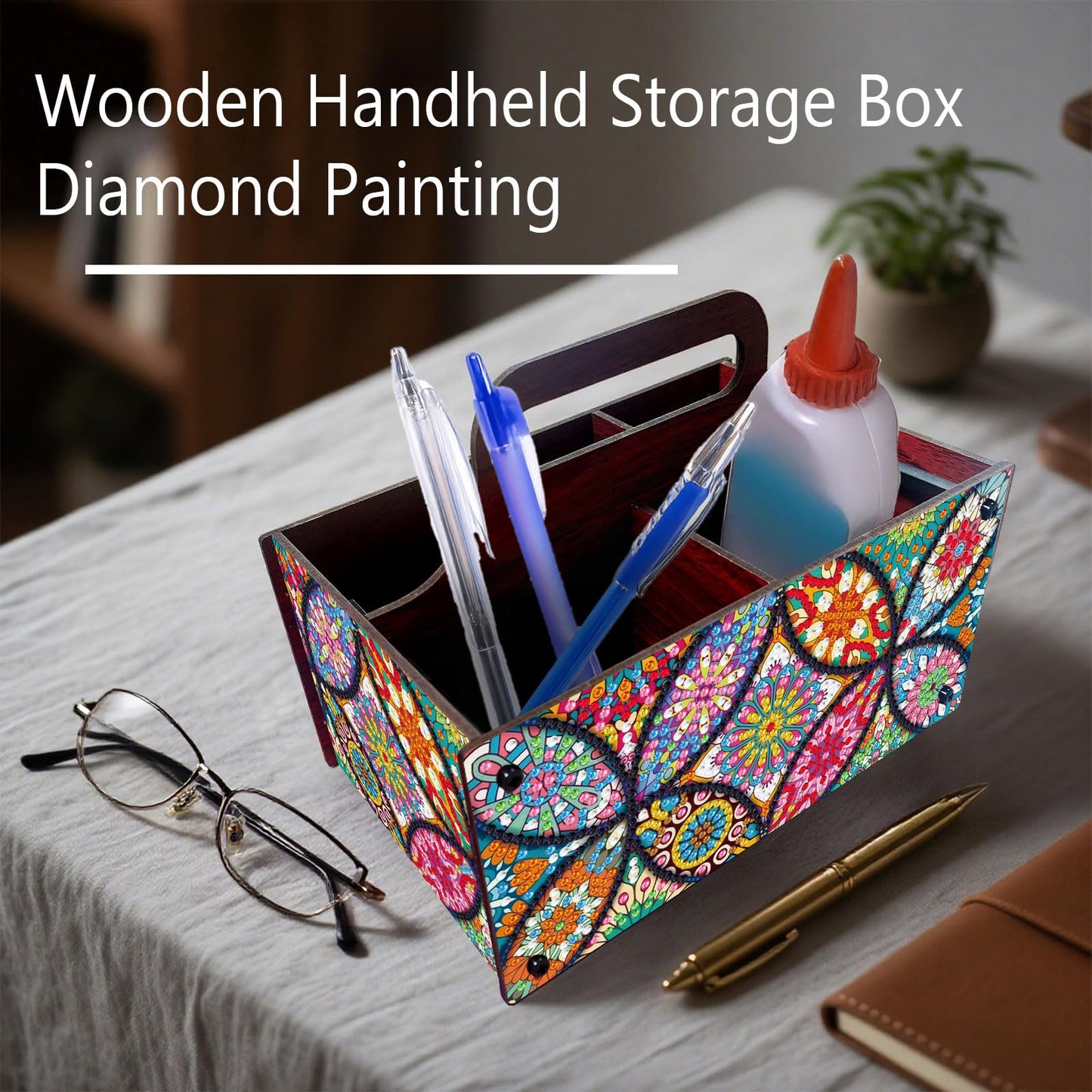 Xylzzuit Diamond Art Painting Multi-grid Storage Box with Handle Wooden DIY Assembly Tabletop Makeup Brushes Pens Desktop Craft Organizer Living Room Office Home (Mandala)