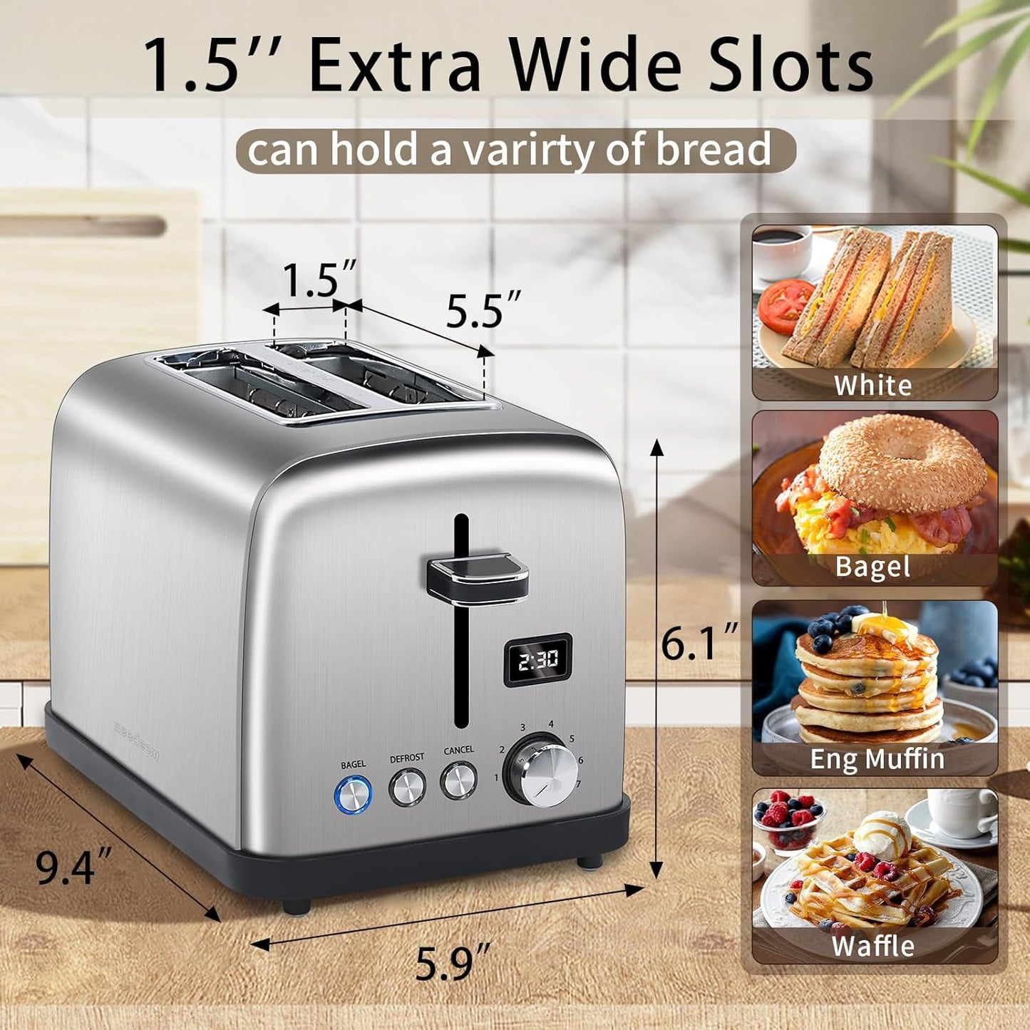 SEEDEEM 2 Slice Toaster, Stainless Steel, LCD Display, 7 Shade Settings, Digital Bagel & Defrost Function