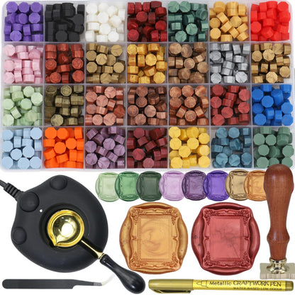 Frame Seal Stamp Kit, 728 Pcs Sealing Wax Beads Set with Electric Wax Seal Warmer Melting Furnace, Frame Waxstamp, Gold Melt Pen, Tweezer (K001)