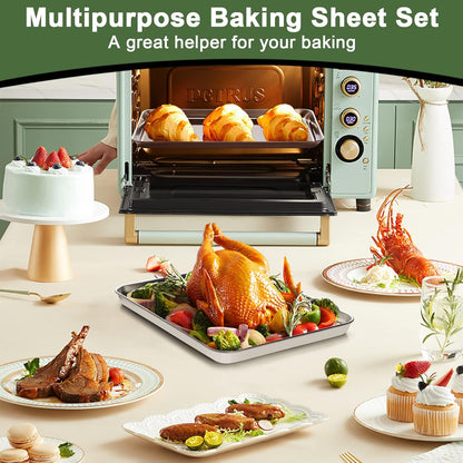Skiennix Baking Sheet Tray Set - Heavy Duty Stainless Steel Cookie Pan with Silicone Mats | 9-Piece Set in Red