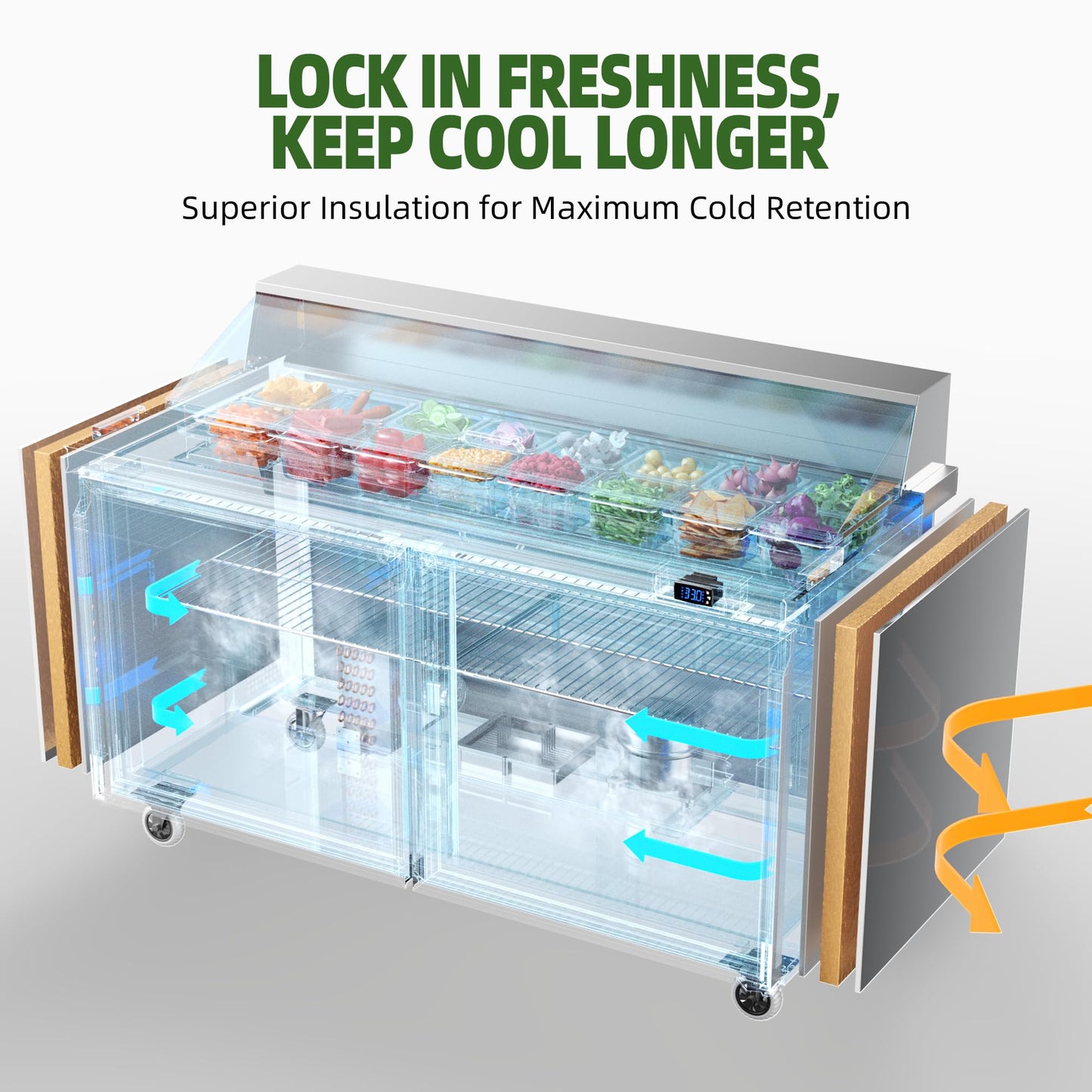 Coolake 60" W 2 Door Commercial Refrigerator Salad Sandwich Prep Table, Stainless Steel 18 Cu.ft Counter Fan Cooling Refrigerator with 16 Pans Restaurant Bar Food Truck, ETL DOE