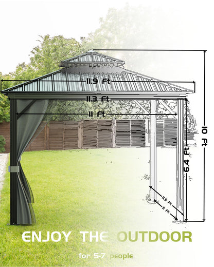 Outdoor Gazebo 12x12 Hardtop, Aluminum Frame Permanent Pavilion with Double Roof, Mosquito Netting & Privacy Curtains for Patio, Garden, Deck, Lawn and Backyard Parties