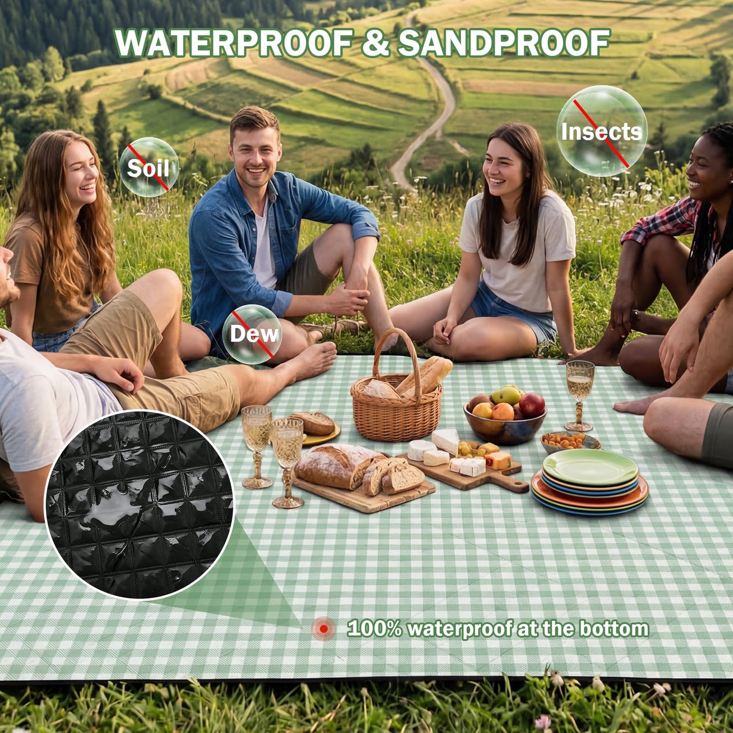 Extral Large Outdoor Waterproof Picnic Blanket With Shoulder Strap, 80"X80" 3-Layer Windproof Foldable Picnic Mat with Corner Nails, Machine Washable, Camping, Lawn Park Grass, Travel, Beach, Green