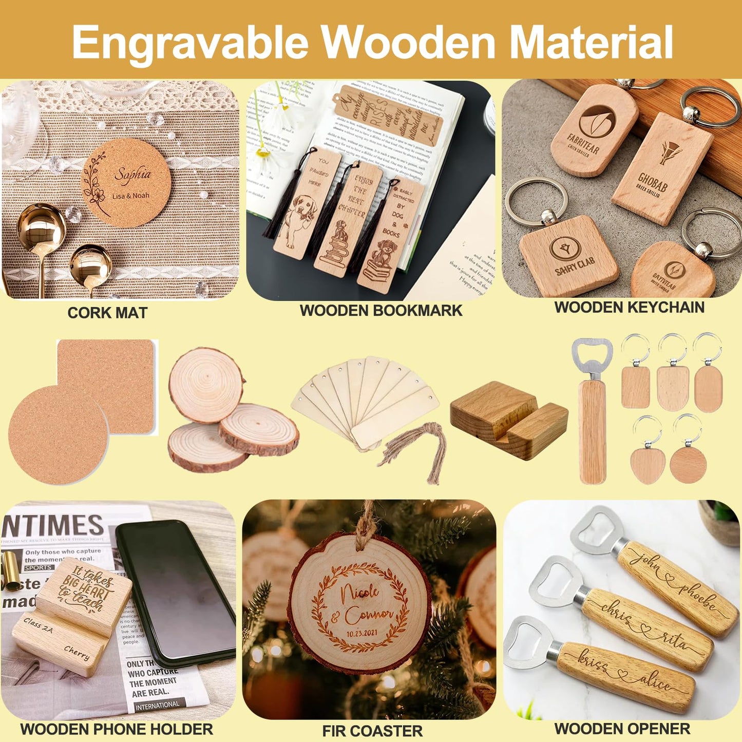 Vercleuim 134pcs Laser Engraving Blanks Kit, 28 Types Laser Engraving Supplies & Engraver Accessories with Basswood, PU Leather, Metal, Acrylic, Fabric for Laser Cutter Engraver