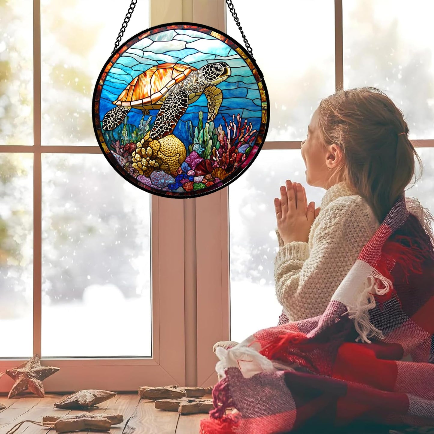 CRISGIF Stained Glass Window Hanging Blue Sea Ocean Coral Turtle Large 11.8" - Suncatcher Door Garden Sunroom Sun Catcher Home Decor Birthday Christmas for Mom Men Woman Nana