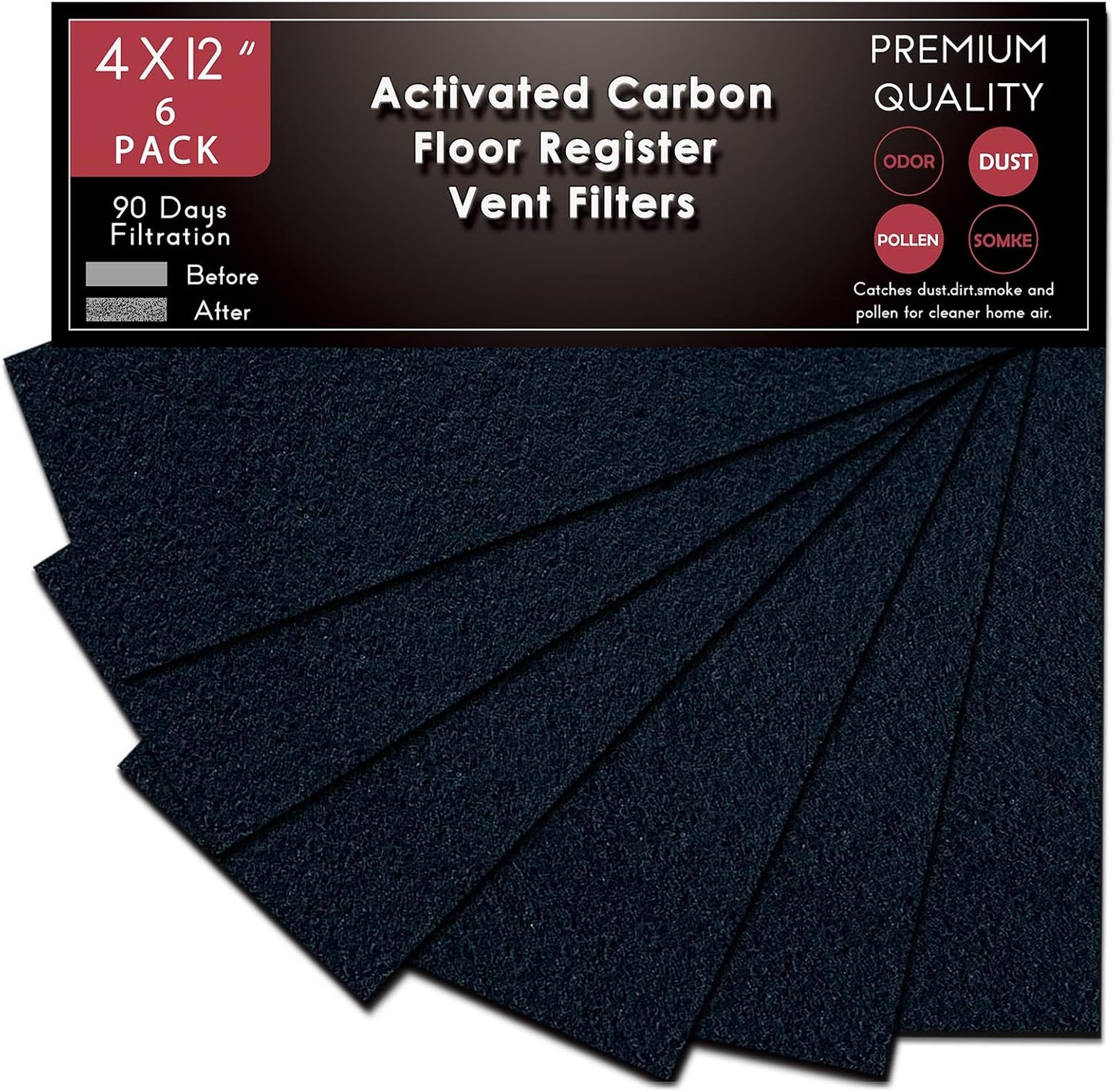 Carbon Filter 4" x 12" Activated Charcoal Pre-Filter Sheet for Home Air Purifier, 6-Pack (Black) Hoctsom