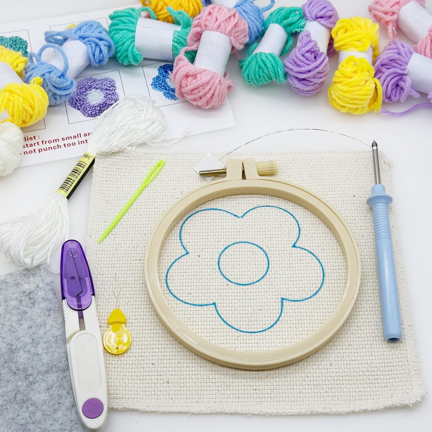 Allazone 8 PCS Punch Needle Coasters Kit, Flower Embroidery Punch Needle Kits, Punch Embroidery Kit with Felt Yarns Hoop Tools for DIY Crafts