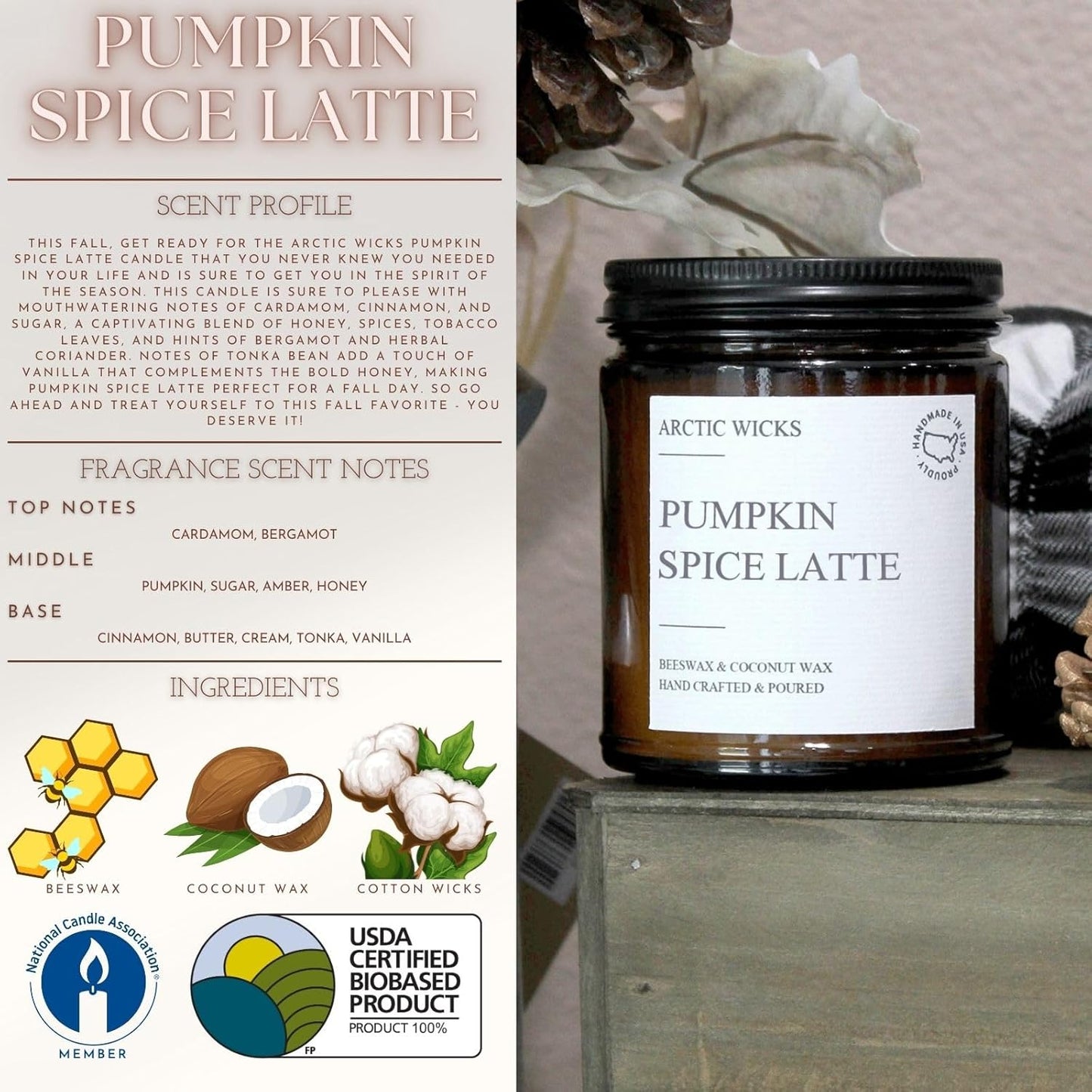 Pumpkin Spice Latte Candles | Arctic Wicks Coconut & Beeswax Candles | 9oz Amber Scented Candle for Holidays