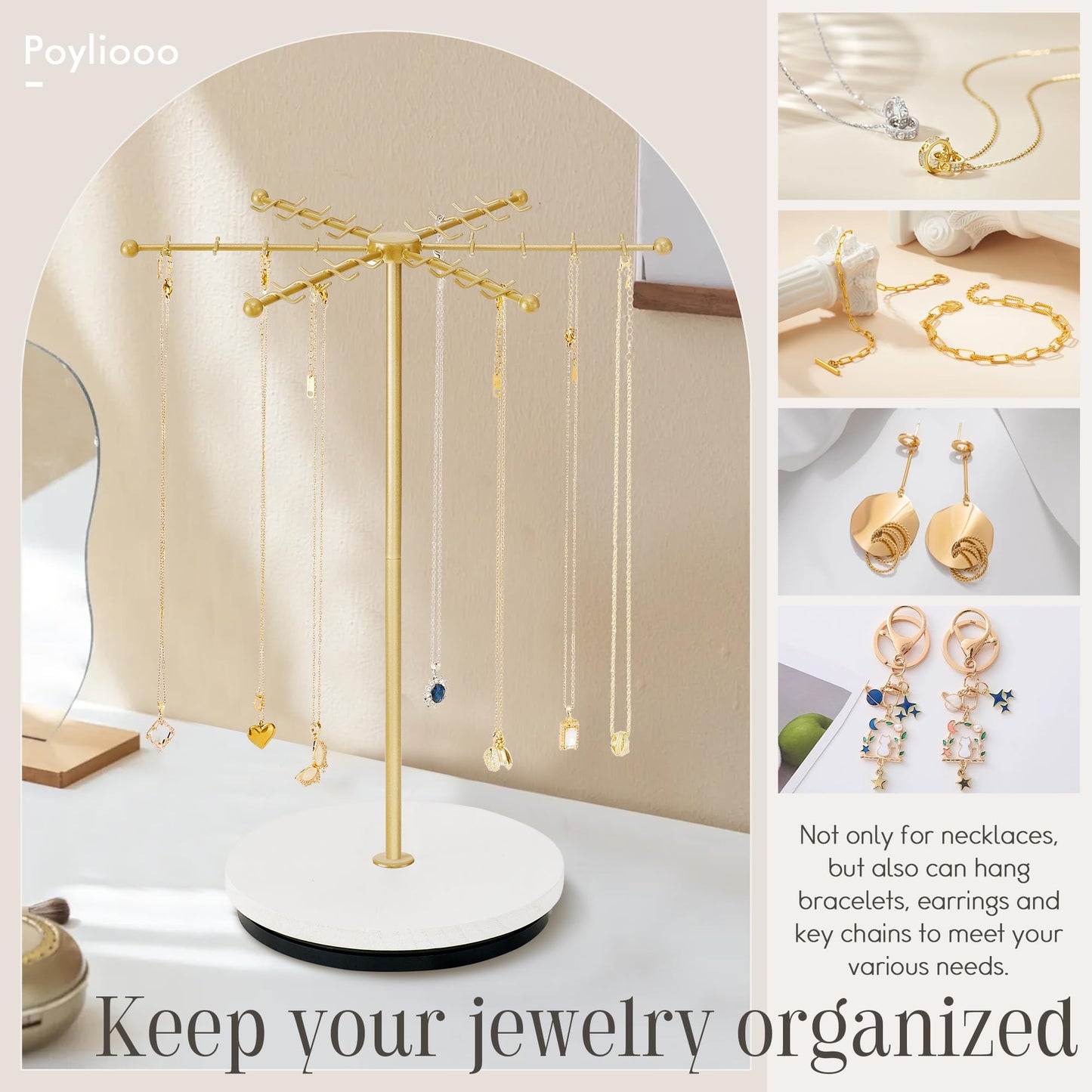 Poyilooo Necklace Holder Jewelry Stand, Rotating Necklace Holder Organizer with 48 Hooks for Necklace Earring Keychains Bracelet Display Stand, Metal Necklace Tree Stand -Women Gifts (Gold)