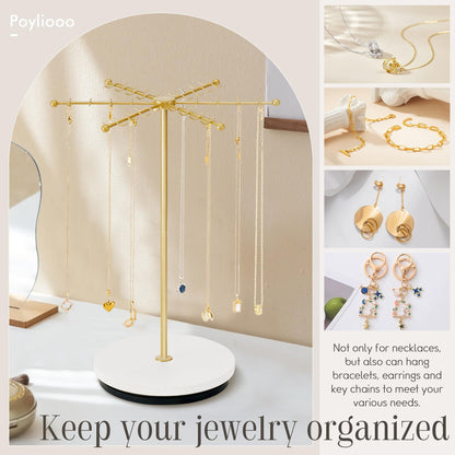 Poyilooo Necklace Holder Jewelry Stand, Rotating Necklace Holder Organizer with 48 Hooks for Necklace Earring Keychains Bracelet Display Stand, Metal Necklace Tree Stand -Women Gifts (Gold)