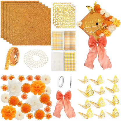 Wavwavw 58 Pcs DIY Graduation Cap Decorations Kit Grad Cap Decor Included Faux Flowers Bow Mesh 3D Butterfly Stickers, Adhesive Rhinestones, Glitter Letter Stickers, for 2026 Grad Party(Orange)