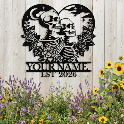 Personalized Skeleton Couple Metal Sign, Custom Skull Couple Name Sign Wall Decor Romantic Skull Lovers Wall Art Gothic Wedding Decor Personalized Wedding Valentine's Day Gift for Couples