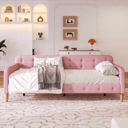 Bellemave Twin Upholstered Daybed with 4 Support Legs, Corner Bed, Upholstered Bedframe for Kids,Teens,Adults, Pink (Linen)