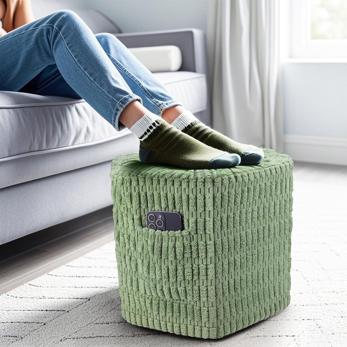 2 Hexagon Pouf Ottoman Stuffed with Pockets & Handle, Comfort Corduroy Poufs, Non-Slip Foot Stool Storage Ottoman, Foam