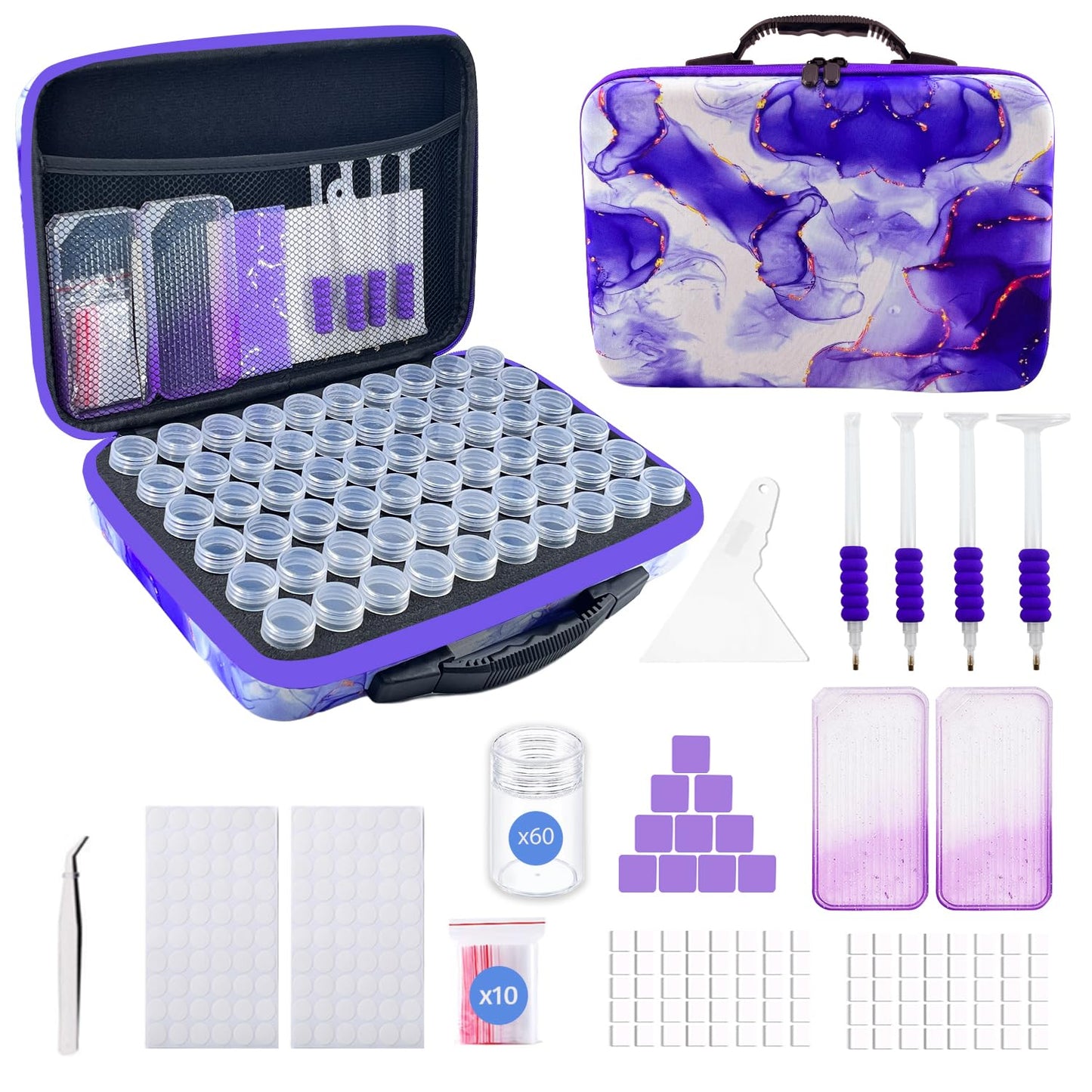SuSentak Diamond Art Storage Containers with Dot Drill Tools,60 Slots Bead Organizer Case for 5D DIY Art Kits, Portable Craft Box for Diamond Painting Accessories (Purple)