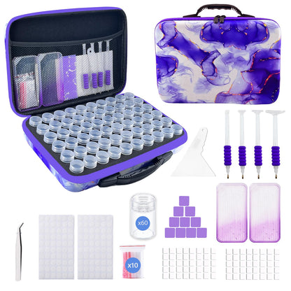 SuSentak Diamond Art Storage Containers with Dot Drill Tools,60 Slots Bead Organizer Case for 5D DIY Art Kits, Portable Craft Box for Diamond Painting Accessories (Purple)
