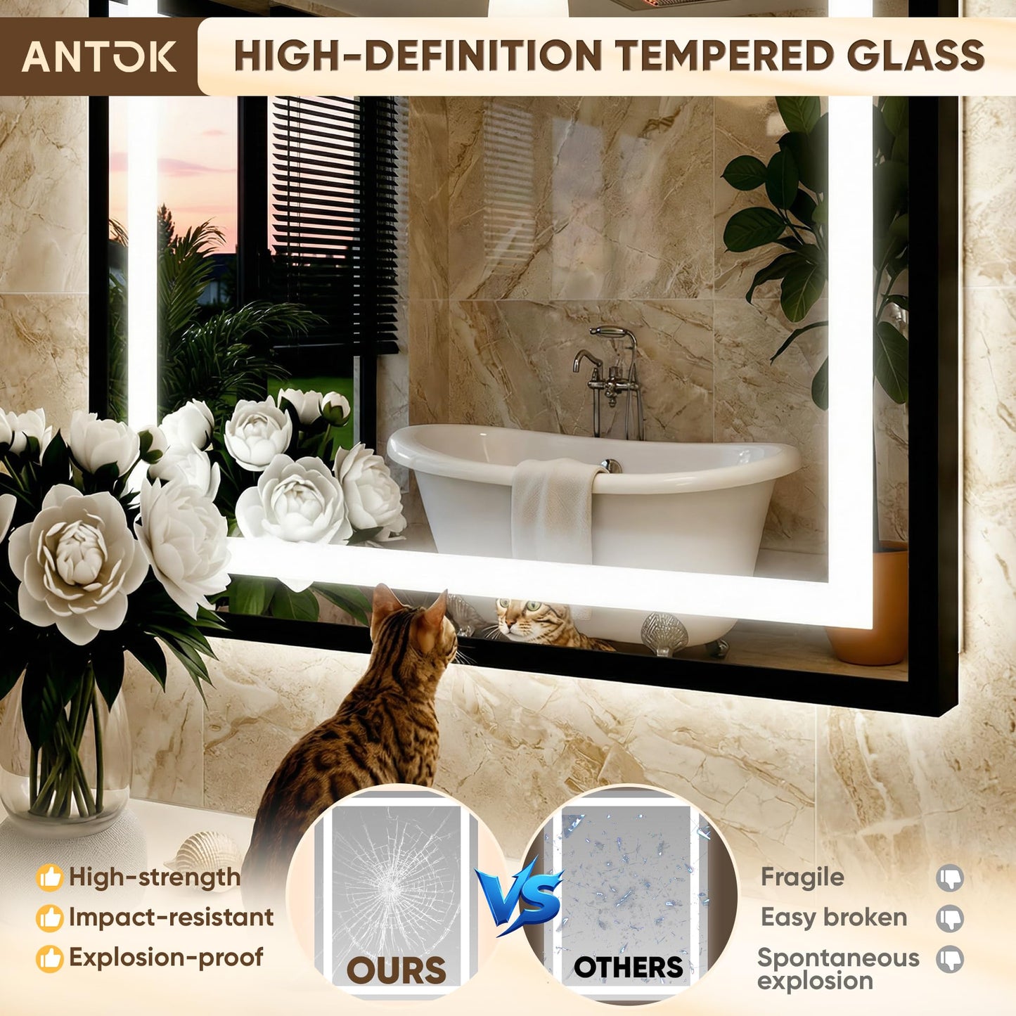 Antok 24X36 LED Bathroom Mirror with Lights, Vanity Mirror for Wall with Black Frame, Touch Control, Anti-Fog, Dimmable Lights, Shatter-Proof, Memory Function, Wall-Mounted Vanity Mirrors