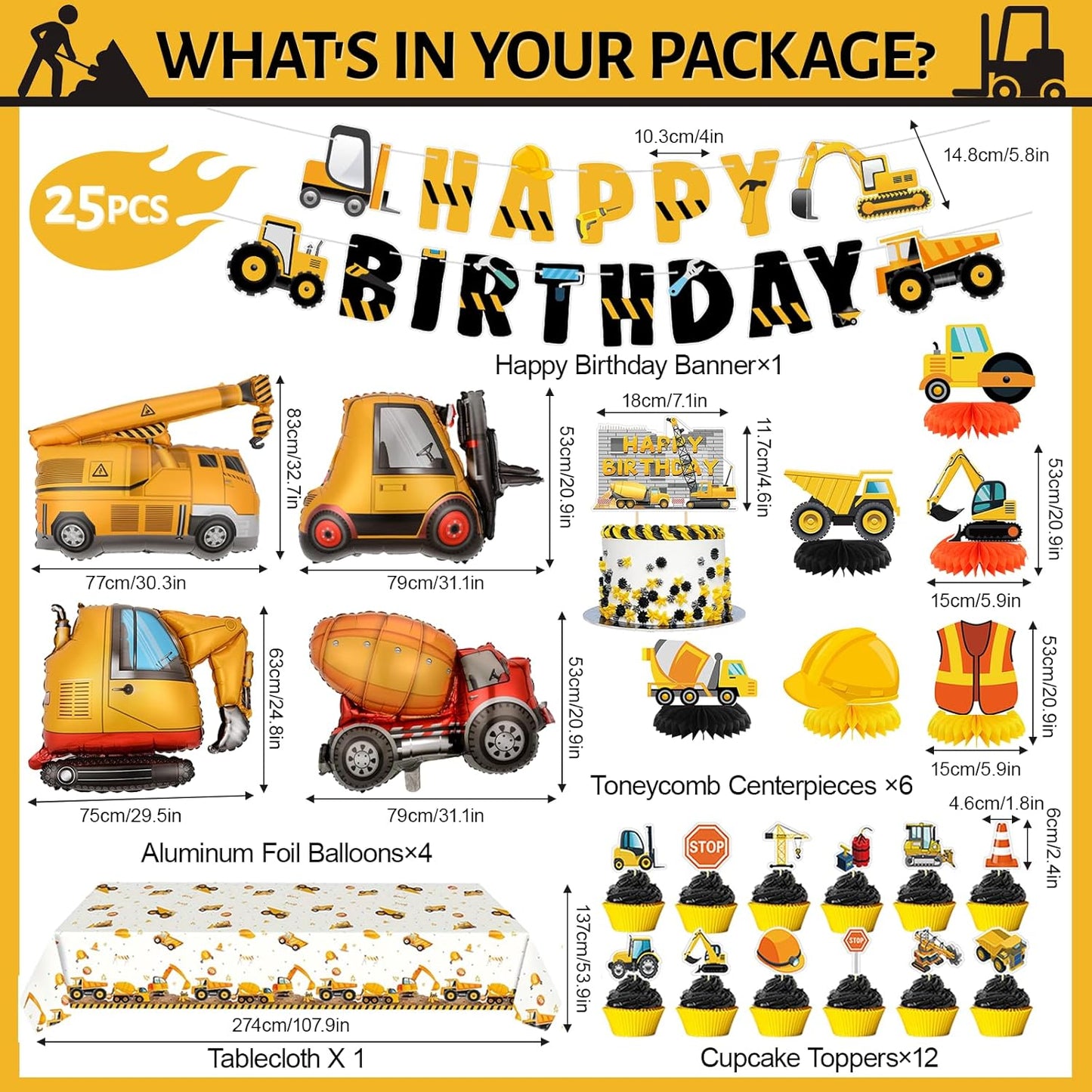 Set 4 Construction Birthday Party Supplies for Boy Birthday Decorations with Foil Truck Balloons Happy Birthday Banner