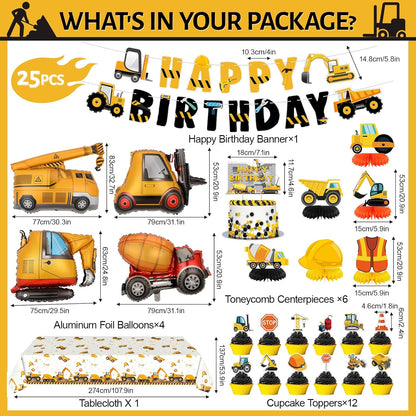 Set 4 Construction Birthday Party Supplies for Boy Birthday Decorations with Foil Truck Balloons Happy Birthday Banner