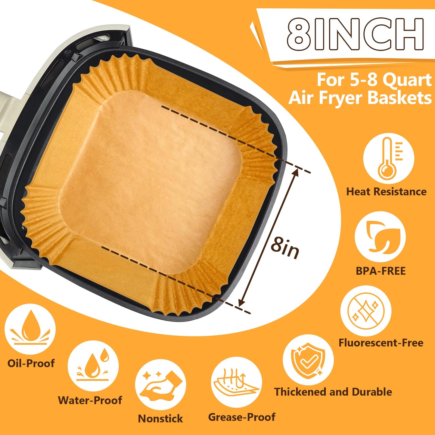 ReLuien 200pcs Air Fryer Liners Disposable, 8.7" Square Parchment Disposable Paper Liner for Air Fryer, Baking, Roasting and Microwave, Non-Stick liner Accessories