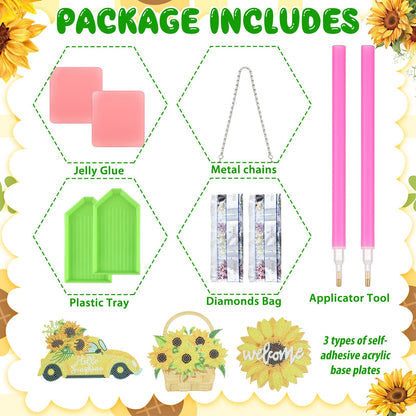 Menkxi 3 Pcs Sunflower Theme Diamond Hanging Kit for Adult DIY Sunflower Painting Diamond Art Flower Crystal Rhinestone Welcome Spring Door Sign Window Wall Hanging Kit Ornament Home Window Decor Gift