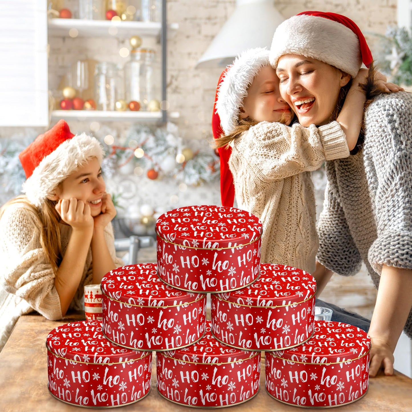 Suttmin 6 Pcs 6.6 Inch Christmas Cookie Tins with Lids Round Metal Red Snowflake Tin Containers for Gift Giving Decorative Storage Box for Holiday Baking Chocolate Snack Party Favors