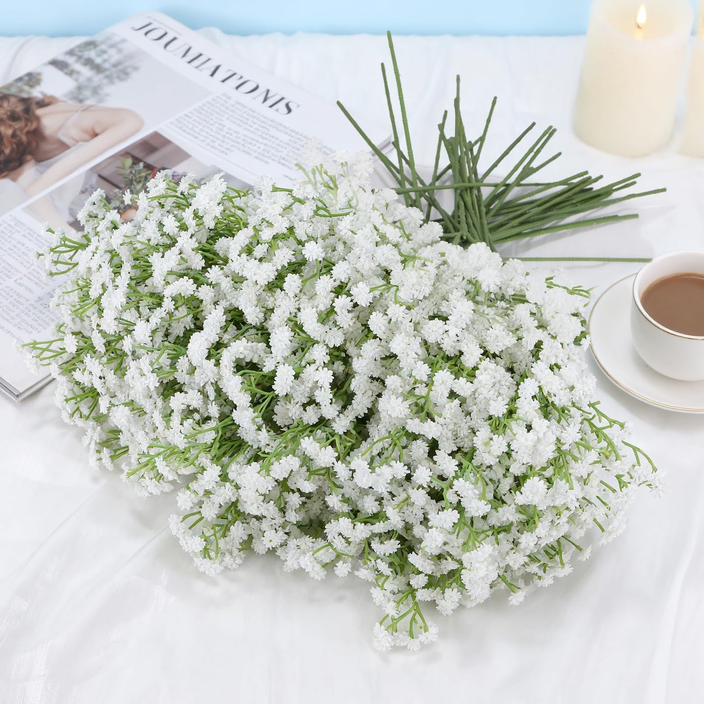 Suaycy 30 Pcs Babys Breath Artificial Flowers, 17.7" Real Touch White Gypsophila Bouquet, Fake Baby Breath Bulk for Wedding Centerpieces, Party, DIY Floral