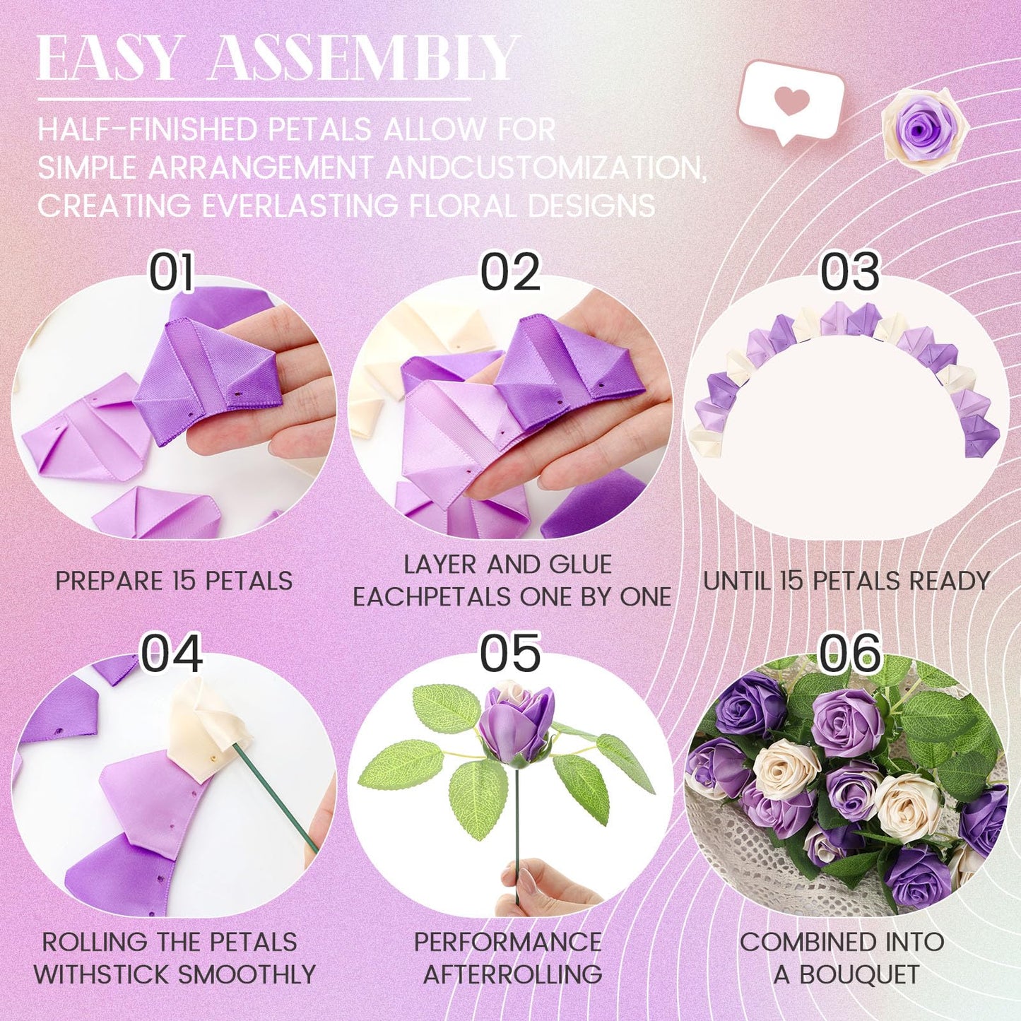 Thiccywoov 360 Pcs Premade Satin Ribbon Rose Petals DIY Kit with Flower Calyx Bases and Leaves Stems Half-Finished for Eternal Rose Flower Bouquet Gift for Anniversary Wedding Birthday(Purple Series)