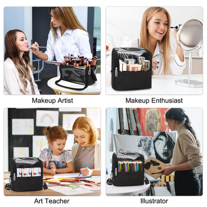 Makeup Brush Bag, Makeup Brush Holder Travel Stand-up Makeup Cup Large Makeup Brush Organizer Case Professional Cosmetic Bag Artist Storage Bag with Adjustable Divider (Large, Black)