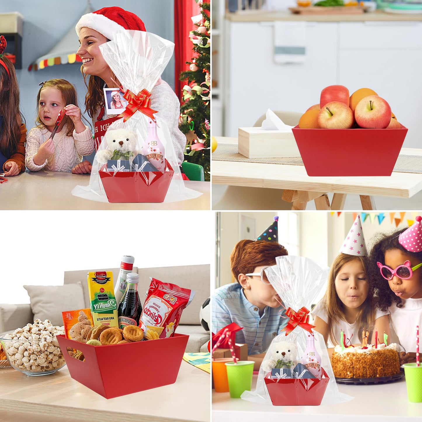 6 Set Christmas Baskets Gift Empty to Fill with Ribbons and Clear Bags for Christmas Graduation Valentine's Day Easter Wedding, Birthday Party Party Favors (red)
