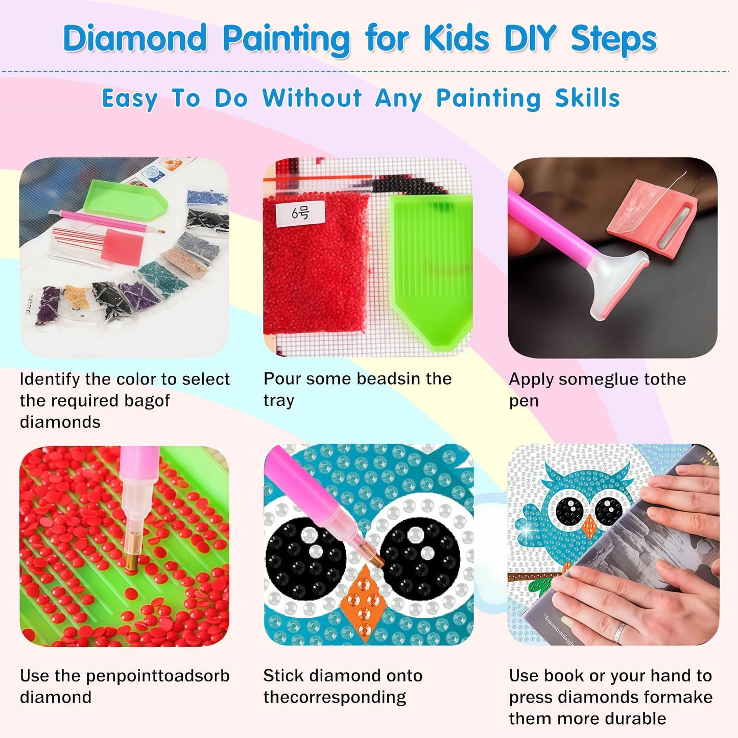 DIYGEMDOT 6 Pack Diamond Art Kits for Kids, Cute Animals Diamond Painting for Beginners, DIY 5D Gem Art for Girls & Boys Ages 6-8-10-12, Children's Christmas Gifts (6x6 inches)