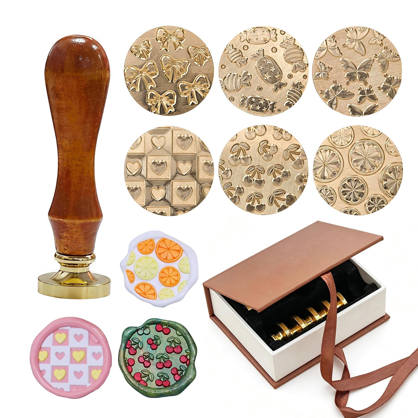 DBEFTLI 6-Piece Cute Wax Seal Stamp Set – Full-Coverage Pattern Collection with Solid Brass Heads & Wooden Handle – Kawaii Candy Cherry Butterfly Designs for Cards, Envelopes & DIY Crafts