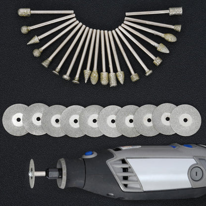 Diamond Grinding Burr Bit Set,Diamond Drill bit for Rotary Polishing Tool, Stone Rotary Tool Accessories with 1/8 Inch Shank for Stone,Ceramics Carving, Glass, Jewel Engraving Polishing- 32pc Set