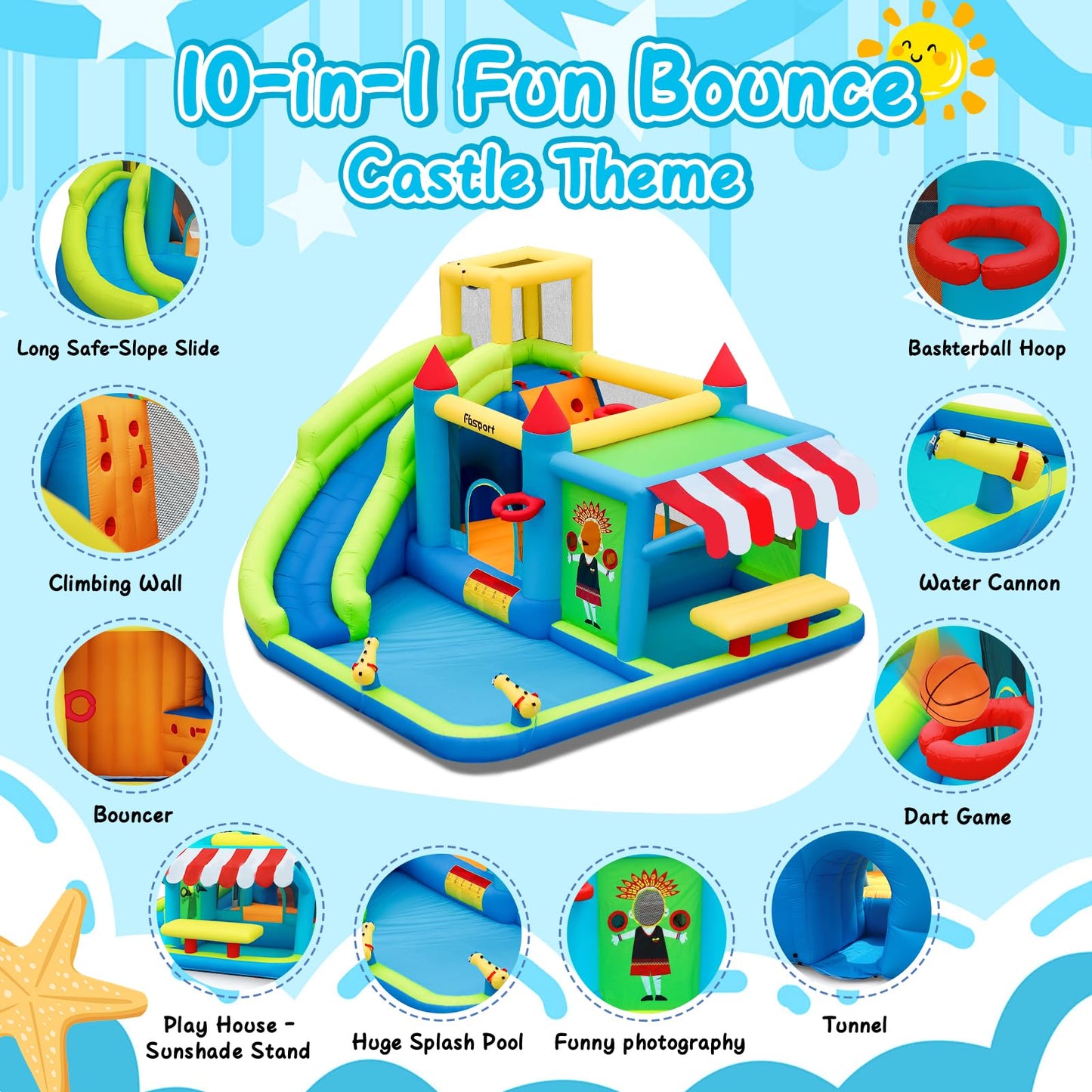 FBSPORT Inflatable Bounce House Water Slide, Bounce House for Kids with Toy Market Stand Splash Pool Bouncer Climbing Wall Water Gun Ball Dart, Bouncy Castle W/620W Blower for Outdoor Indoor, Green