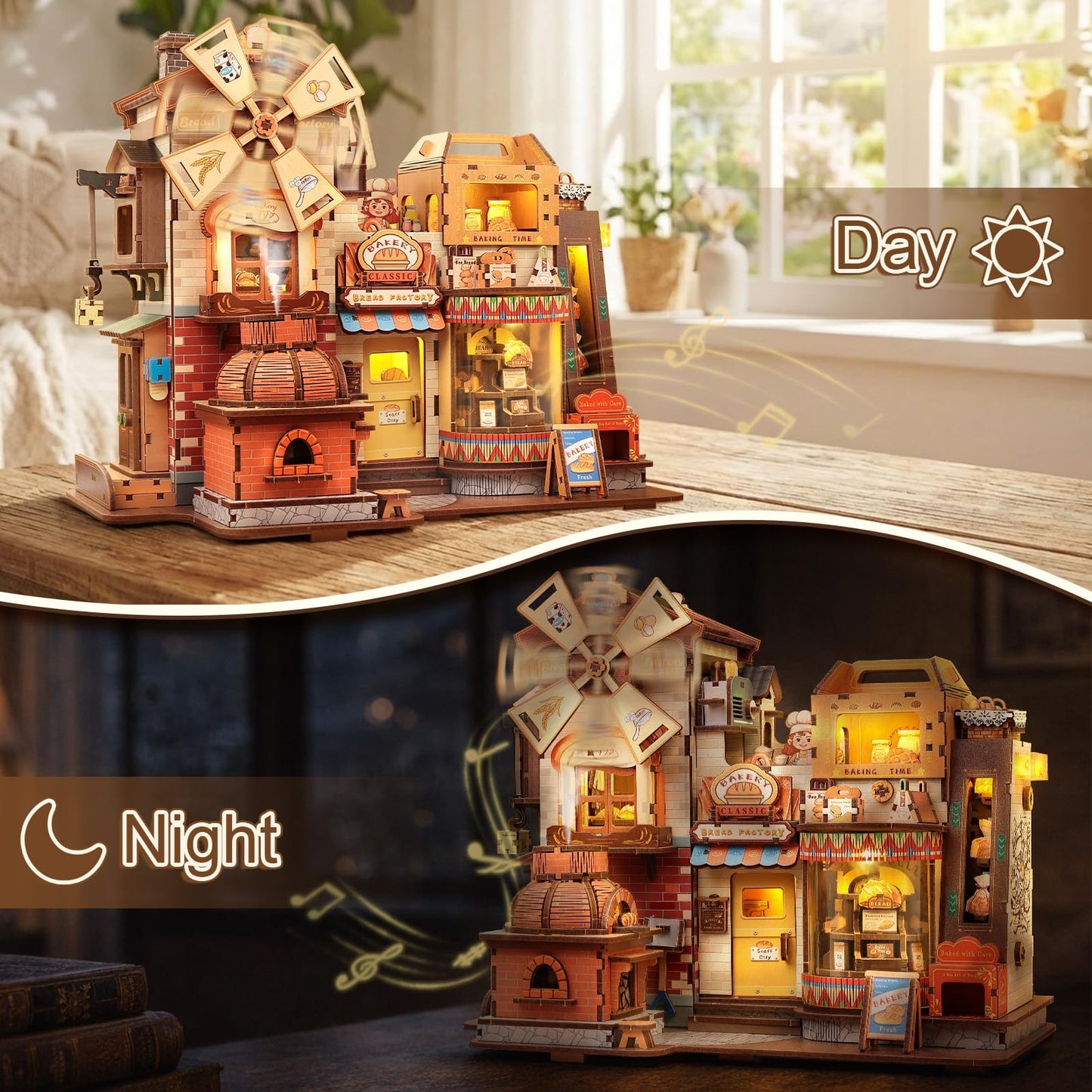 Fsolis 3D Wooden Puzzles for Adults - Mechanical Bread Factory Building with Music & Smoke Effect & Light Up Miniature Craft Kit with 7 Ambient Lighting, 572pcs, Gifts for Women Teens