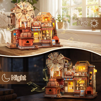 Fsolis 3D Wooden Puzzles for Adults - Mechanical Bread Factory Building with Music & Smoke Effect & Light Up Miniature Craft Kit with 7 Ambient Lighting, 572pcs, Gifts for Women Teens