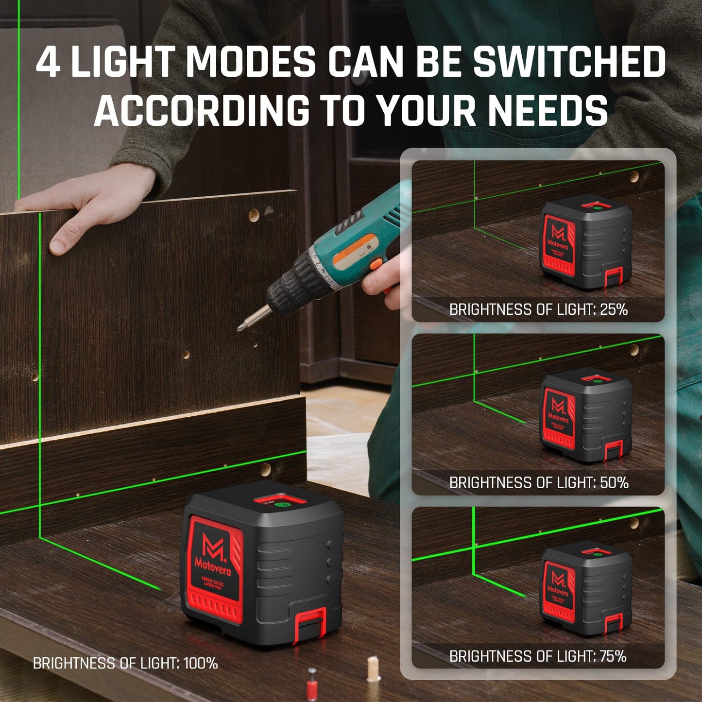 Motovera Laser Level, 100 feet Self Leveling Laser Level, Green Cross Line Rotary Lasers, 4 Brightness Adjustment, Manual Self leveling and Pulse Mode, IP54 Waterproof Battery Carrying Bag Included