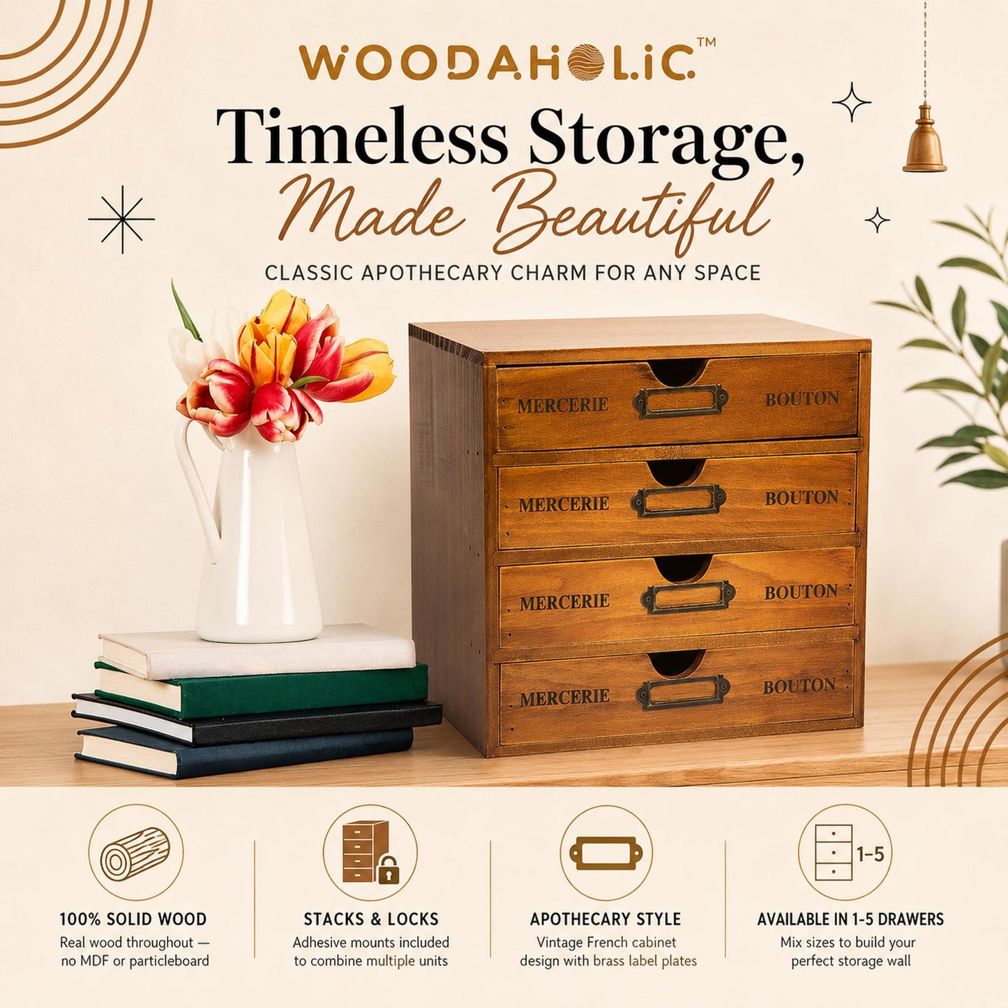 Modular Stackable Apothecary Cabinet 4 Drawer Desk Organizer - Retro Library Card Catalog Wood Storage Box - Organize Stationery, Thread Embroidery, Sewing, Crafts, Junk Drawer & Supplies Countertop