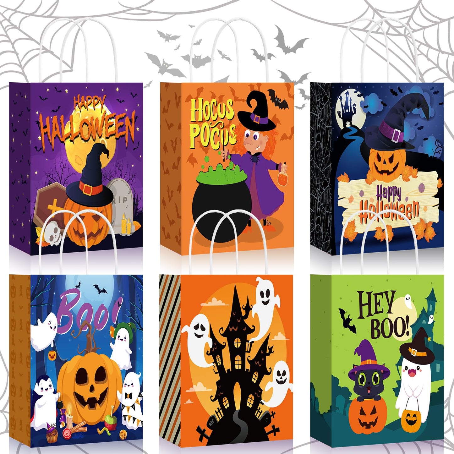 Yeaqee 48 Pcs Halloween Treat Bags Paper Gift Bags with Handles for Candy Snack Goodie Summer Halloween Party Favor Supplies(Cartoon)