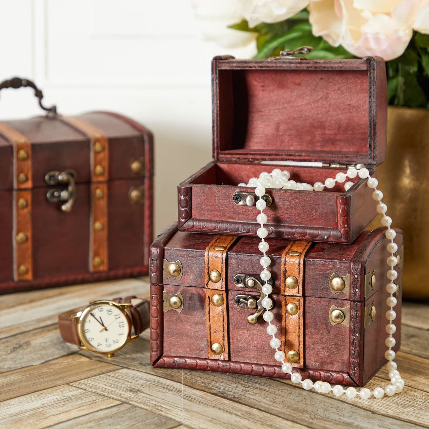 Juvale Treasure Chest Storage Boxes - Dark Brown Wood, Antique Style, Set of 3 - Pirate Chest Decor & Treasure Box for Classroom, Party Decorations & Kids Toy Organization