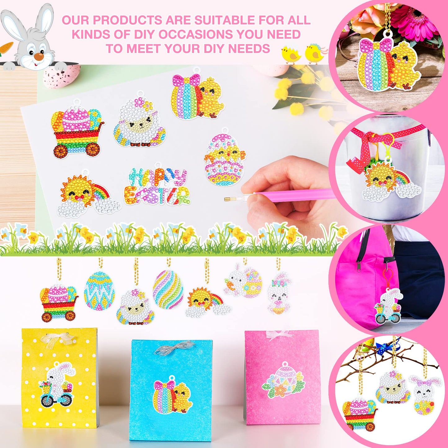 Inbagi 15 Pcs Easter Diamond Painting Keychains 5D Easter Egg Full Drill Making Key Chains Key Ring Diamond Art Keychains Pendant DIY Diamond Decorative Accessories for Easter Holiday(Cute Style)