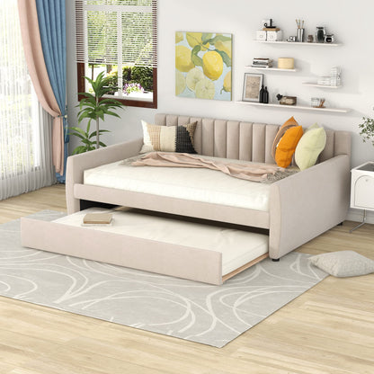 Favfurish Velvet Upholstered Full Size Daybed with Trundle, Solid Wooden Sofa Bed Frame w/Vertical Stripes Designed Backrest and Pine Legs, No Box Spring Needed